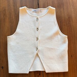 Zara White Button Front Knit Vest Sleeveless Minimalist Top Small